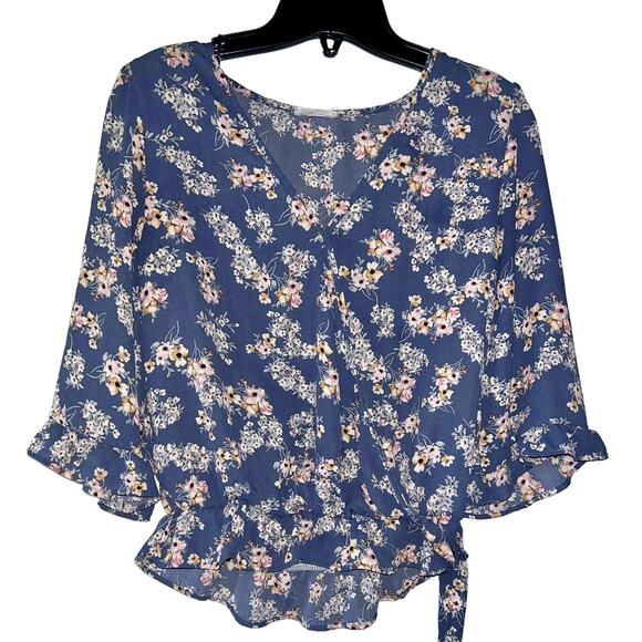 Sienna Sky Women’s Small Blue Floral Cross Tie 3/4 Sleeve Ruffle Waist Top - Picture 2 of 5
